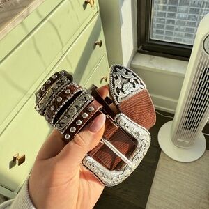 Silver Embellished Brown Leather Belt